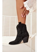 Ocieplane Damskie Botki Kowbojki Ze Zdobieniem Czarne Lelira