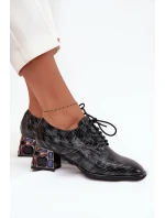 Skórzane Lakierowane Półbuty Damskie Na Obcasie Z Kryształkami Artiker 57C0072 Szare