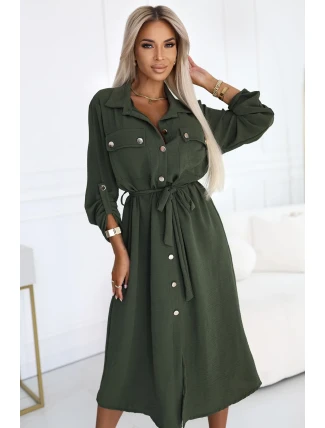 531-5 Midi košeľa so zlatými gombíkmi a kravatou - KHAKI