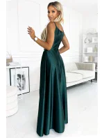 299-9 CHIARA elegantné maxi dlhé saténové šaty bez ramienok - BOTTLE GREEN
