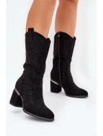 Ażurowe Kozaki Kowbojki Do Połowy Łydki S.Barski HY51-238 Czarne