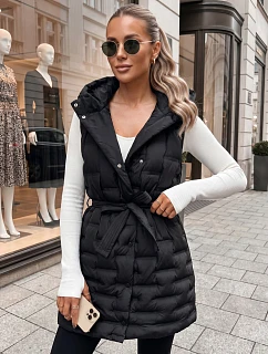 Dámska prešívaná vesta s kapucňou a opaskom, čierna, FashionStreet TY5903