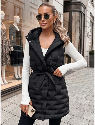 Dámska prešívaná vesta s kapucňou a opaskom, čierna, FashionStreet TY5903 Dámska prešívaná vesta s kapucňou a opaskom, čierna, FashionStreet TY5903