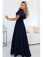 694-4 MIRELLA Elegantné maxišaty so zvonovým strihom a flitrovými rukávmi – tmavomodré 694-4 MIRELLA Elegantné maxišaty so zvonovým strihom a flitrovými rukávmi – tmavomodré
