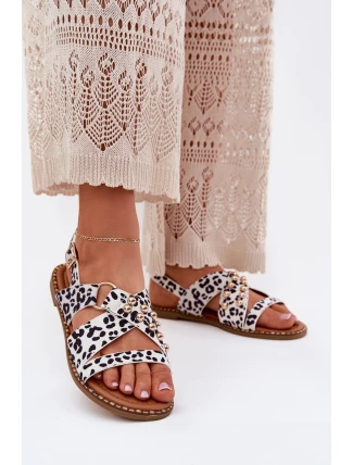 Sandały Damskie Na Płaskim Obcasie Ze Złotymi Ćwiekami Biało-Czarne Zanira