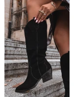 Skórzane Zamszowe Kozaki Kowbojki Damskie Ocieplane Czarne Urselle