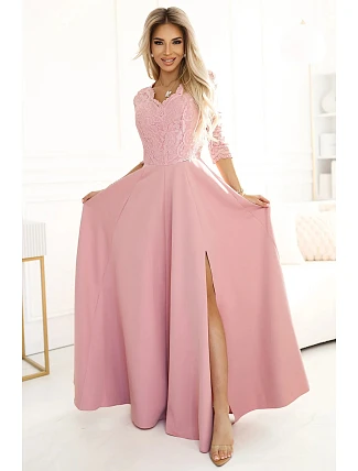Dámske dlhé čipkované šaty 309-13 AMBER powder pink - Numoco Dámske dlhé čipkované šaty 309-13 AMBER powder pink - Numoco