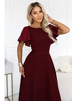 694-3 MIRELLA Elegantné maxi šaty so rozšírenou sukňou a flitrovými rukávmi – vínová 694-3 MIRELLA Elegantné maxi šaty so rozšírenou sukňou a flitrovými rukávmi – vínová