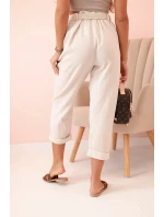 Dámske ľanové nohavice s bavlnou a opaskom béžovej farby