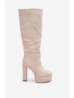 Kozaki Na Słupku I Platformie Z Eko Skóry Jasnobeżowe Felilorn