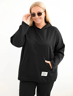 Dámska mikina Plus Size z viskózy s kapucňou a klokaním vreckom, čierna