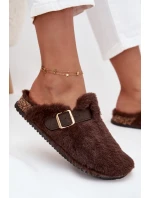 Futrzane Klapki Damskie Na Platformie Z Paskiem I Klamrą Brązowe Noraline