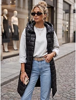 Dlhá dámska prešívaná vesta s kapucňou, čierna, FashionStreet TY5260 Dlhá dámska prešívaná vesta s kapucňou, čierna, FashionStreet TY5260