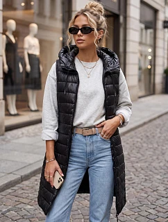 Dlhá dámska prešívaná vesta s kapucňou, čierna, FashionStreet TY5260