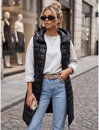 Dlhá dámska prešívaná vesta s kapucňou, čierna, FashionStreet TY5260 Dlhá dámska prešívaná vesta s kapucňou, čierna, FashionStreet TY5260