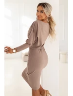 399-4 LARA Pruhované šaty s rebrovanými manžetami - moka pena