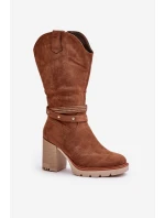 Kozaki Damskie Do Połowy Łydki Na Słupku Ocieplane Camel Ivanelis