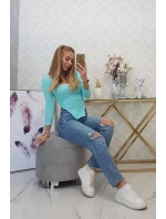 Blúzka s rebrovaným výstrihom v mätovej farbe