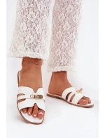 Płaskie Klapki Damskie Z Paseczkiem I Złotym Detalem Białe Kerenza