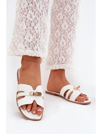 Płaskie Klapki Damskie Z Paseczkiem I Złotym Detalem Białe Kerenza