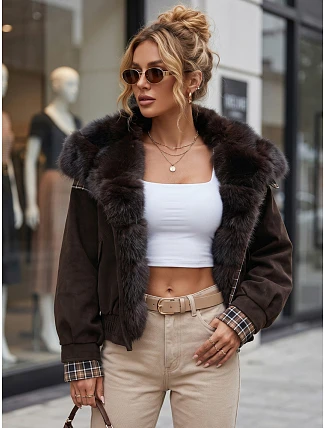 Krátka dámska semišová bunda s kožušinou, hnedá, FashionStreet TY5843 Krátka dámska semišová bunda s kožušinou, hnedá, FashionStreet TY5843