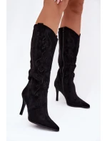 Dámské kozačky na podpatku cowboye z eko semiše černé Belonia