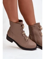 Skórzane Botki Damskie Z Ozdobnymi Kwiatkami Ocieplane Beżowe Belverine