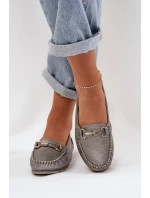 Brokatowe Płaskie Mokasyny Ze Skóry Naturalnej D&A LR51-546 Srebrne