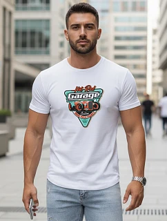 Pánske bavlnené tričko s potlačou HOT ROD GARAGE biele FashionStreet NX5093R