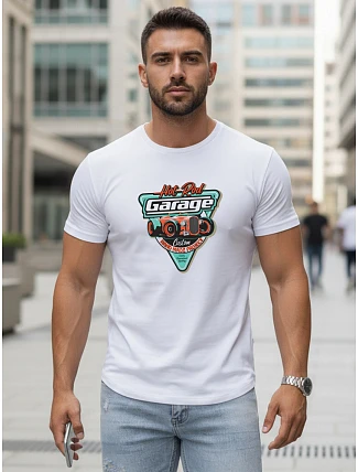 Pánske bavlnené tričko s potlačou HOT ROD GARAGE biele FashionStreet NX5093R Pánske bavlnené tričko s potlačou HOT ROD GARAGE biele FashionStreet NX5093R