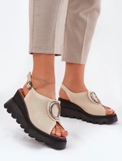 Skórzane Sandały Damskie Na Koturnie Z Ozdobą Artiker 56C0111 Beżowe