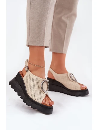 Skórzane Sandały Damskie Na Koturnie Z Ozdobą Artiker 56C0111 Beżowe