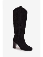 Kozaki Damskie Na Słupku Z Eko Zamszu Czarne Prisca