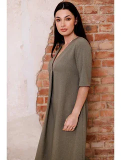B280 Šaty s výstrihom do V - olivovo zelené