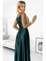 299-9 CHIARA elegantné maxi dlhé saténové šaty bez ramienok - BOTTLE GREEN