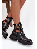 Lakierowane Botki Damskie Z Paskami I Srebrnymi Klamrami Czarne Helisse