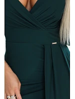 404-15 Elegantné dlhé šaty s obálkovým výstrihom a rozparkom - fľaškovo zelené