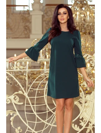 Dámske šaty v fľaškovo zelenej farbe s čipkou na rukávoch model 6361560