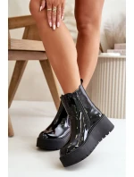 Lakierowane Botki Damskie Na Platformie I Koturnie Ocieplane Czarne Wloedia