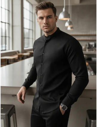 Pánska ležérna čierna košeľa SLIM FIT so stojacím golierom FashionStreet DX2597 Pánska ležérna čierna košeľa SLIM FIT so stojacím golierom FashionStreet DX2597