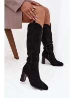 Kozaki Damskie Na Słupku Z Eko Zamszu Czarne Prisca