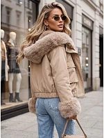 Krátka dámska bunda s odnímateľnou kožušinou, béžová, FashionStreet TY5837 Krátka dámska bunda s odnímateľnou kožušinou, béžová, FashionStreet TY5837