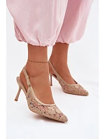 Dámské sandály na podpatku s krajkou tmavě béžové Pelivelle