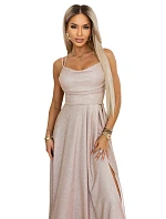 589-4 Dlhé šaty s jemnými trblietkami a korzetovým viazaním vzadu - béžovo-ružové s trblietkami