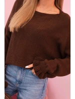 Dámsky mohérový sveter s nariasenými rukávmi a výrezom na chrbte hnedý