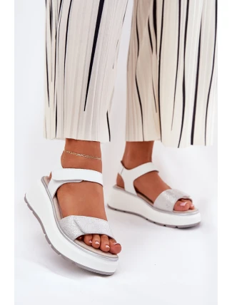 Skórzane Sandały Damskie Platformie I Koturnie Na Rzep S.Barski LR51-543 Srebrne