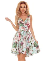 478-1 MAYA Šaty s dlhším zadným dielom, výstrihom a opaskom - PINK FLOWERS