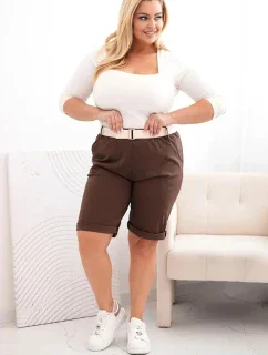 Dámske Plus veľkosť bavlnené šortky s opaskom Brown