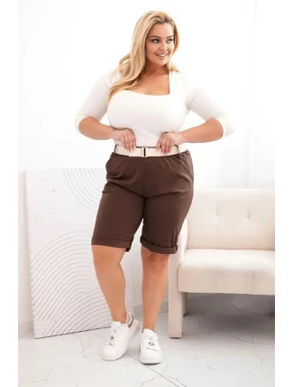 Dámske Plus veľkosť bavlnené šortky s opaskom Brown