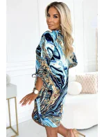 281-7 SOPHIE Pohodlné šaty s vreckami Oversize - BLUE-GOLD WAVES